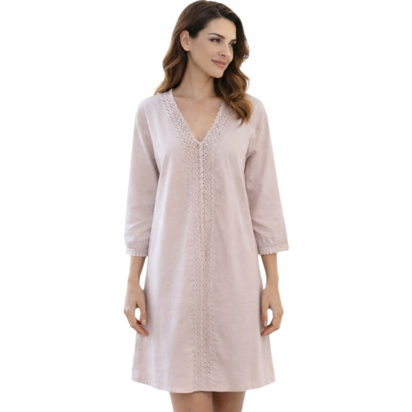 Seaspice Dresses & Skirts - Seaspice Beige Lace Trim Tunic Dress 100% Peruvian Cotton Size M Boho Beach